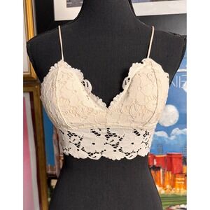 Cream Floral Lace Longline Bralette V-Neck Spaghetti Strap Crop Top Small